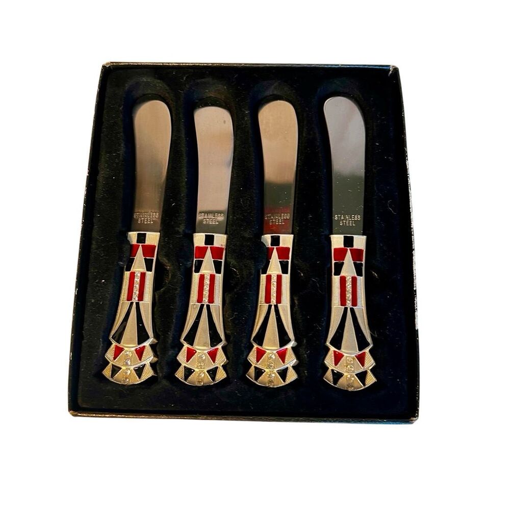 Vintage New Old Stock Bombay Set of 4 Art Deco Pate Knives Silver, Red, Black